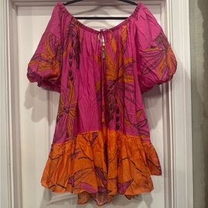 BNWT Farm Rio Beach Forest Pink Off the Shoulder Mini Dress